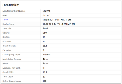 GALAXY — 10.00-16 D TL FRONT FARM F-2M