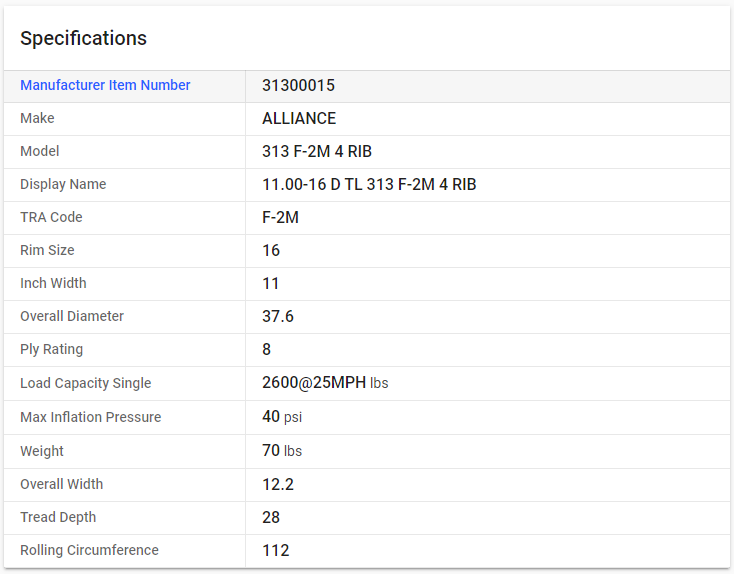 ALLIANCE — 11.00-16 D TL 313 F-2M 4 RIB