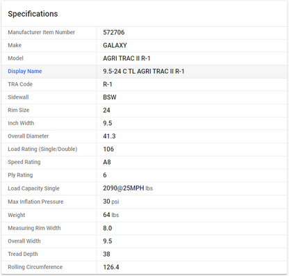 GALAXY — 9.5-24 C TL AGRI TRAC II R-1 (9.5R24, 250/85R24)