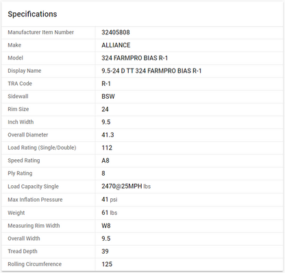 ALLIANCE — 9.5-24 D TT 324 FARMPRO BIAS R-1 (9.5R24, 250/85R24)
