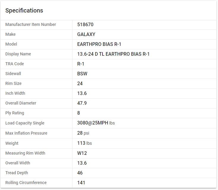 GALAXY — 13.6-24 D TL EARTHPRO 8 PLY BIAS R-1