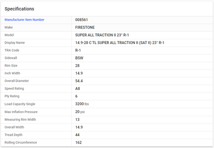 FIRESTONE — 14.9-28 C TL SUPER ALL TRACTION II (SAT II) 23° R-1 (14.9R28, 380/85R28)