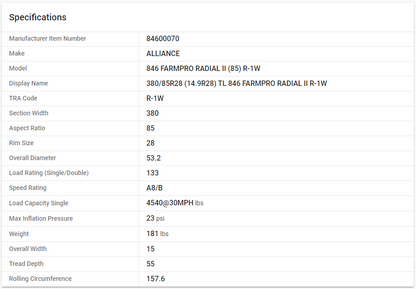 ALLIANCE — 380/85R28 (14.9R28) TL 846 FARMPRO RADIAL II R-1W