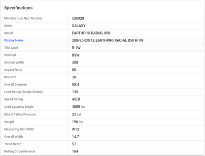 GALAXY — 380/85R30 TL EARTHPRO RADIAL 850 R-1W  (14.9-30, 14.9R30)