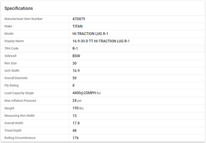 TITAN — 16.9-30 D TT HI-TRACTION LUG R-1 (16.9R30, 420/85R30, 420/90R30)