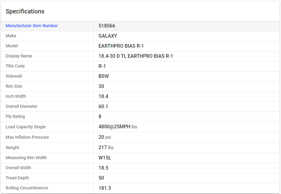 GALAXY — 18.4-30 D TL EARTHPRO BIAS R-1 (18.4R30, 460/85R30)