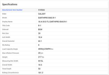 GALAXY — 18.4-30 D TL EARTHPRO BIAS R-1 (18.4R30, 460/85R30)