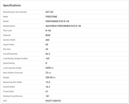 FIRESTONE — 460/85R30 PERFORMER EVO R-1W (18.4-30, 18.4R30)