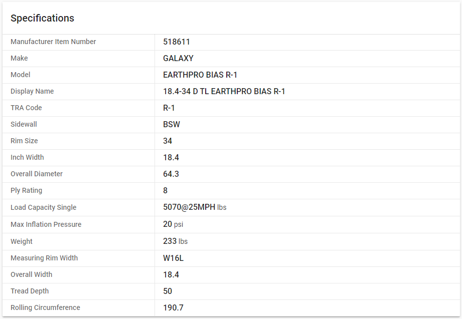 GALAXY — 18.4-34 D TL EARTHPRO BIAS R-1 (18.4R34, 460/85R34)