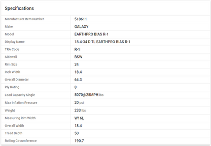 GALAXY — 18.4-34 D TL EARTHPRO BIAS R-1 (18.4R34, 460/85R34)