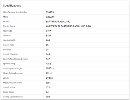 GALAXY — 460/85R34 TL EARTHPRO RADIAL 850 R-1W