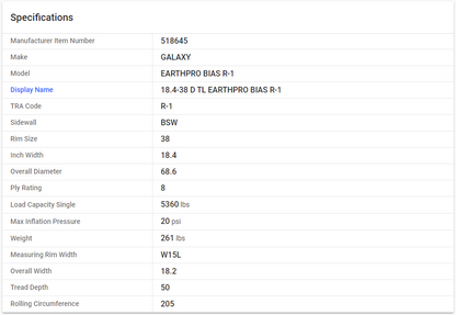 GALAXY — 18.4-38 D TL EARTHPRO BIAS R-1 (18.4R34, 460/85R38)