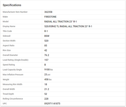 FIRESTONE — 520/85R42 TL RADIAL ALL TRACTION 23° R-1  (20.8-42, 20.8R42)