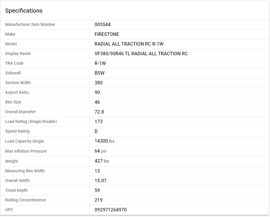 FIRESTONE — VF380/90R46 TL RADIAL ALL TRACTION RC