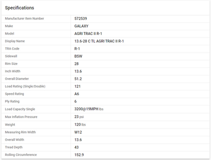 GALAXY — 13.6-28 C TL AGRI TRAC II R-1 (13.6R28, 340/85R28)